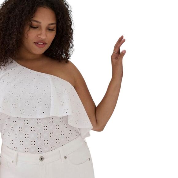 NEW Torrid Plus Size Jersy White One Shoulder Ruffle Eyelet Top. - Picture 8 of 16